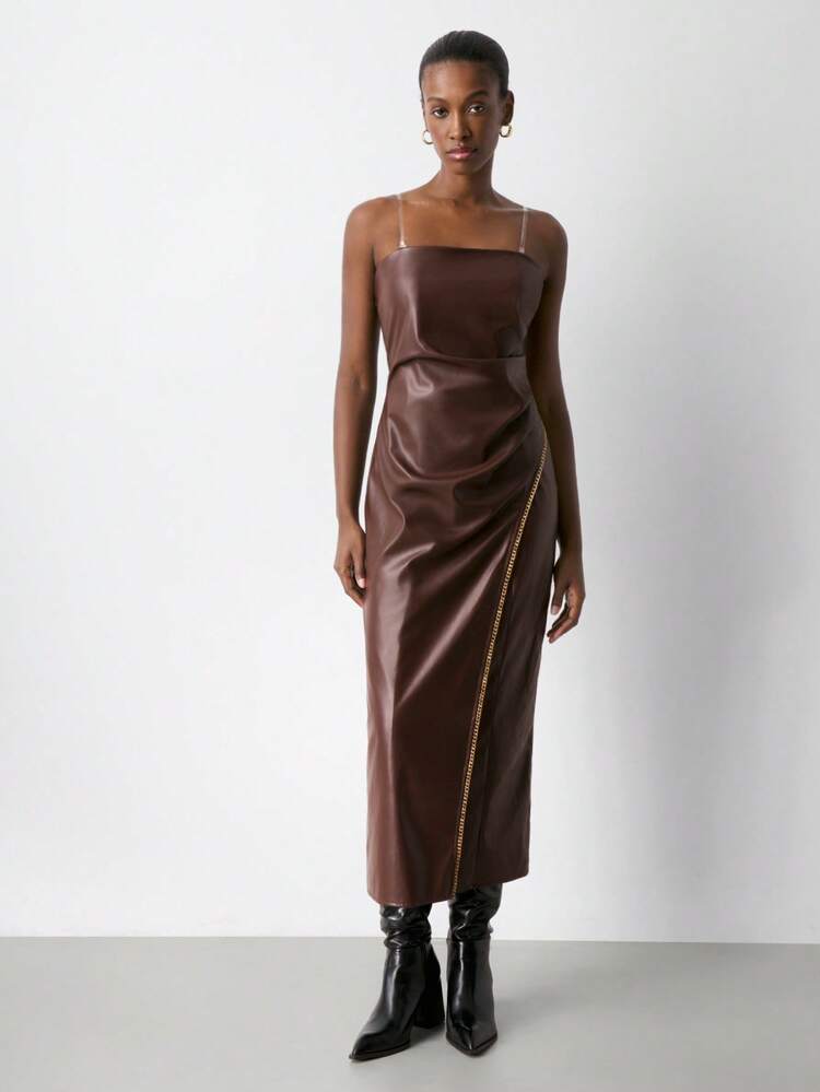 SHEIN Maija Women's Solid Color Pleated Dress, Elegant Sexy Halloween Costumes For Women  Party Dresses For Women Brown Dress Brown Dress