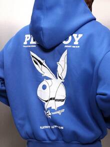 PLAYBOY X SUMWON 短款印花拉链连帽衫，配有中央口袋，超大街头休闲冬季运动衫 - 藍色 - 查看 6