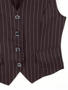 Seusyu Striped Front Button Sleeveless Women Lightweight Blazers - Burgundy - View 5