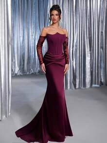 Glamrae Elegant Pink Strapless Asymmetric Neckline(Detachable)Luxurious Mesh Sequin Long Sleeve Ruched Satin Mermaid Tail Gown For Wedding Evening Party - Burgundy - View 6
