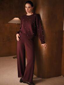 MOTF PREMIUM CHIC 2 PIECES KNIT SET: DROPPED SHOULDER FAUX PEARL EMBELLISHED SWEATER & WIDE LEG KNIT PANTS, AUTUMN/WINTER - Coffee Brown - View 5