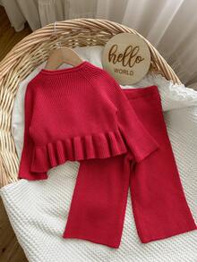 SHEIN Baby Girl Round Neck Raglan Sleeve Ruffle Trim Bowknot Decor Sweater Set Autumn Winter Clothes For Women Cherry Toddler Outfit Red Baby Outfits Baby Girl Sweaters Set Two Piece Winter Outfits For Toddler Girl Knit Two Piece Toddler - Red - View 2
