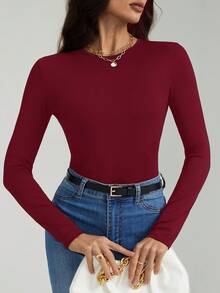 SHEIN Tall 女款純色極簡日常圓領長袖連身衣，秋季 - 酒紅色 - 查看 2