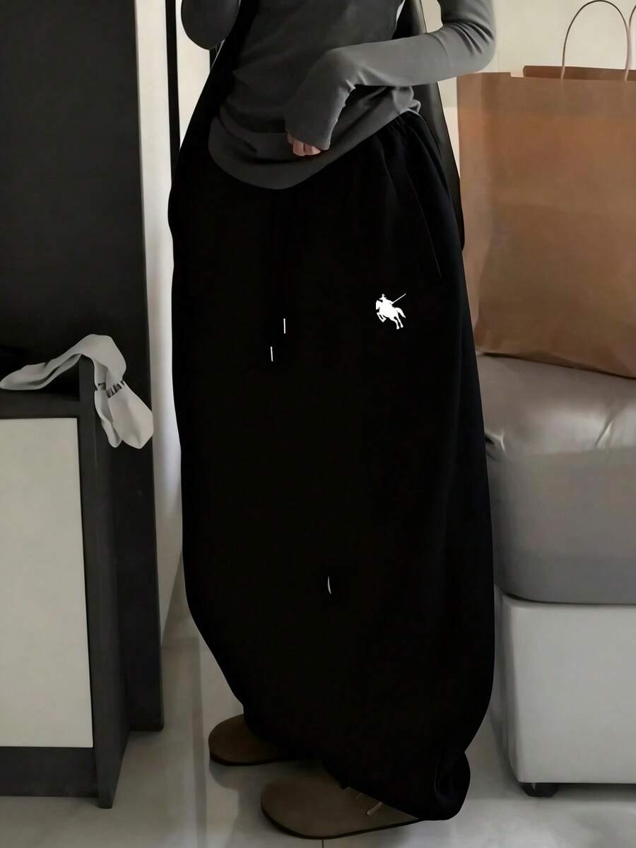 SHEIN 女式黑色松紧腰宽松休闲慢跑裤，带口袋 - 黑色 - 查看 1