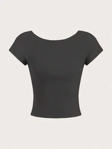 SHEIN Essnce 4 piezas de camisetas de cuello redondo ajustadas de unicolor con contraste, con espalda descubierta y calado, adecuadas para primavera/verano