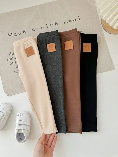 女婴纯色针织保暖内衬松紧腰裤，秋冬