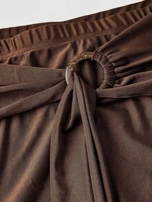 SHEIN MOD Conjunto de top marrón retro sin espalda y falda larga asimétrica con volantes de cintura alta para tallas grandes - Marrón - Ver 5
