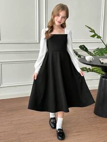 SHEIN Zweifarbiges Laternenhülsenkleid für Tween Mädchen (ohne Gürtel), geeignet für elegante Outfits, Rückkehr zur Schule, Geburtstagsfeiern, Abendveranstaltungen, Aufführungen, Hochzeiten, Taufen, Eröffnungszeremonien, Schule, Reisen, Halloween, Abschlussbälle, Konzerte - Schwarz und Weiss - Übersicht 4