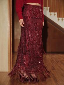 Uhlyne Uhlyne Women's Elegant Minimalist Fringe Sequin A-Line Skirt, Suitable For Parties, Weddings, Events, Birthday Banquets, Autumn/Winter, Christmas - Burgundy - View 5
