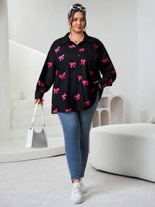 SHEIN CURVE+ CURVE 大码女式蝴蝶结印花长袖休闲单排扣衬衫 - 彩色 - 查看 4