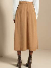 SHEIN Veneréa Women's Casual Front & Middle Slit Corduroy A-Line Skirt - Brown - View 2