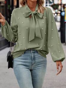 Louniche Blusa Elegante Feminina com Decoração de Pérolas Falsas, Gola Nó, Manga Lanterna, Outono
