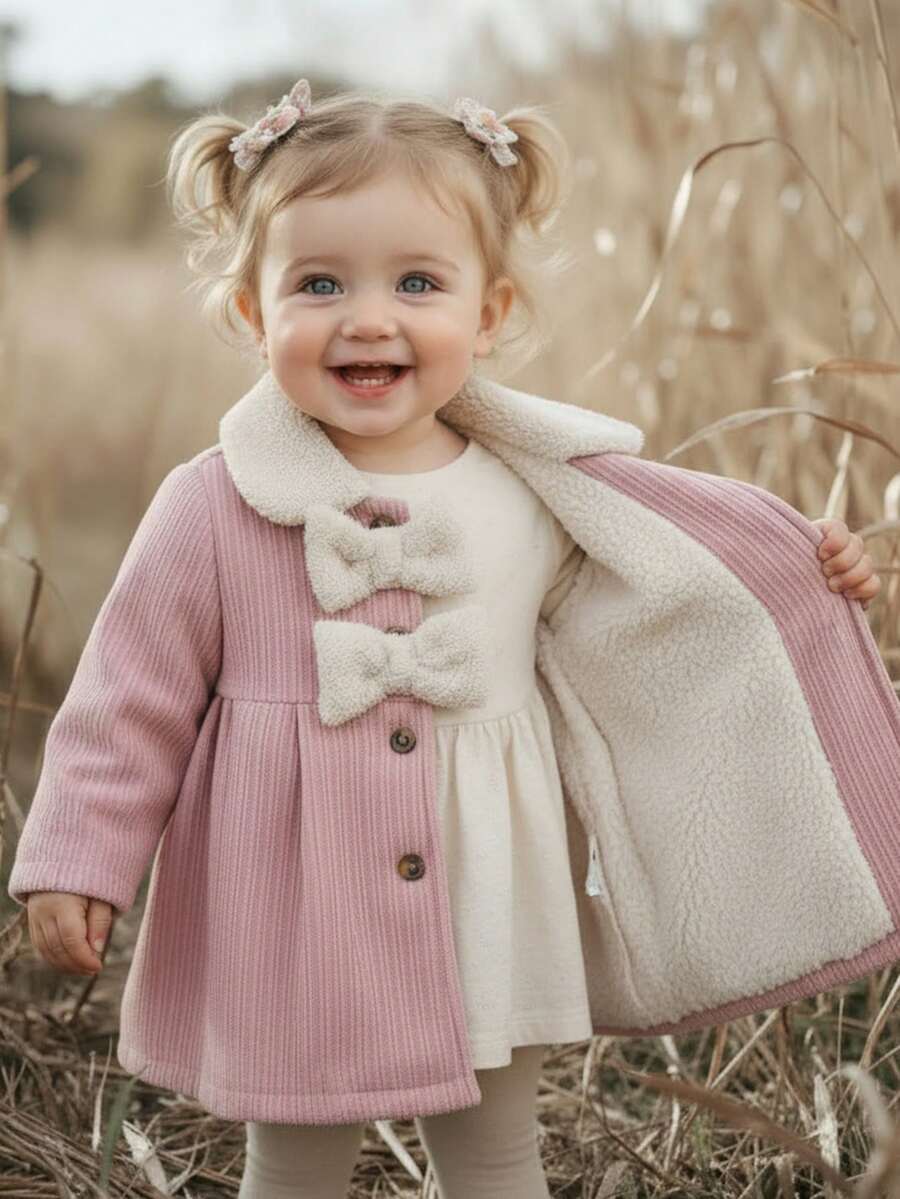 女婴蝴蝶结装饰彼得潘领长袖束腰夹克 - 藕粉色 - 查看 1