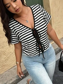 SHEIN LUNE Plus Size Summer Casual Striped Drawstring Short Sleeve T-Shirt - Black and White - View 5