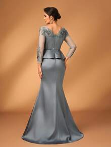 Serin 优雅奢华的刺绣蕾丝贴花薄纱长袖缎面拼接蝴蝶结鱼尾连衣裙，适合婚礼、派对、度假、盛大晚宴、新娘送礼会、新娘母亲正式礼服、情人节等场合。 - 灰色 - 查看 5