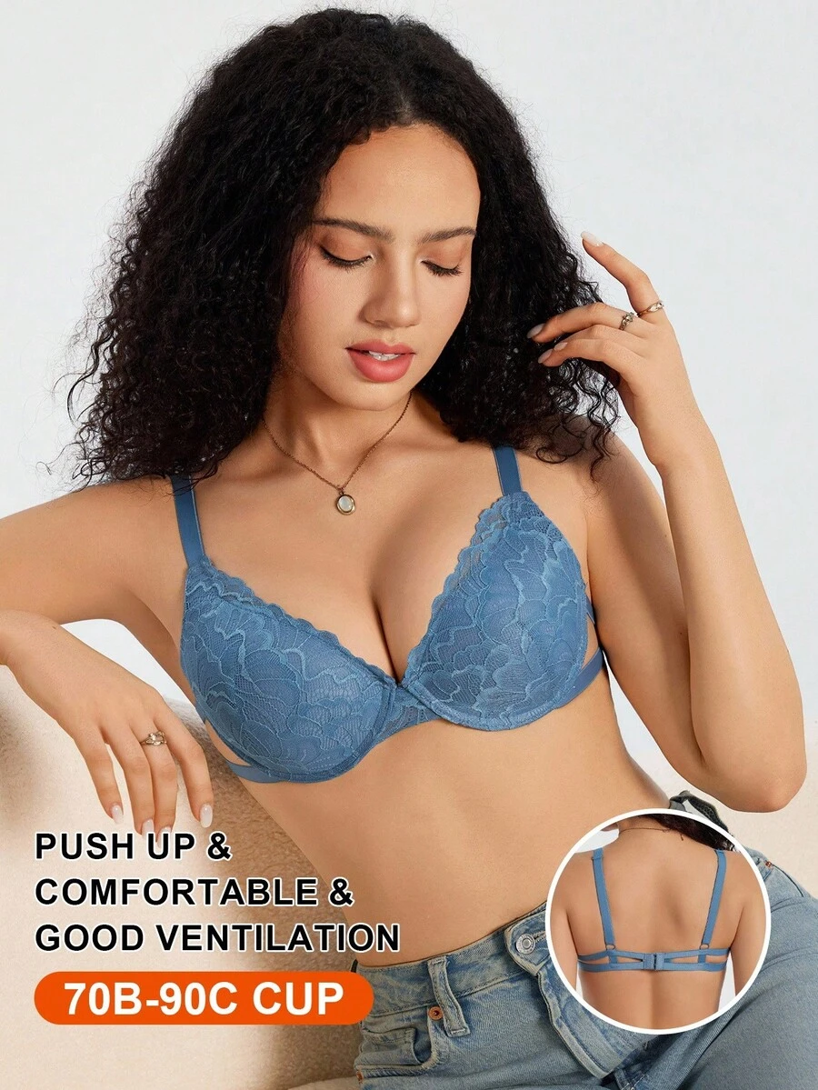 SHEIN Women's Comfortable Lace Underwire Bra, Blue - Blue - View 1