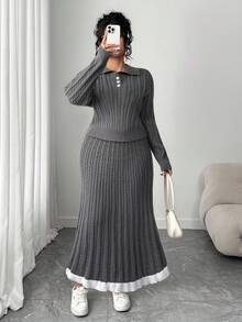 Elenzga 女士优雅时尚宽松长袖纽扣上衣和裙子毛衣套装、外套、派对装、秋冬 - 灰色 - 查看 4