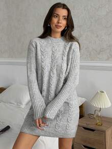 CasuGlow Women Solid Color Cable Knit Pattern Rib Knit Round Neck Drop Shoulder Mini Sweater Dress Cable Knit Sweater Dress With Long Sleeves And Ribbed Hem For Cozy Winter Casual Looks - Light Grey - View 6