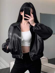 DAZY 1件女士纯色前拉链长袖口袋简约PU皮夹克，秋季女装皮夹克