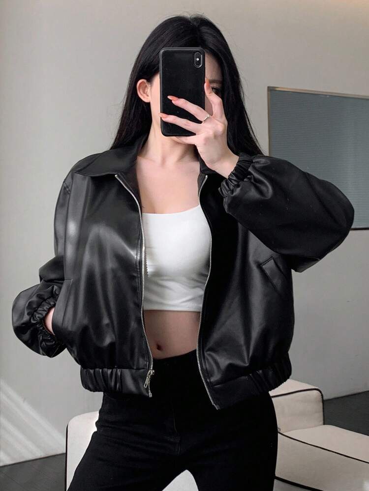 1pc Women's Solid Color Front Zipper Long Sleeve Pocket Minimalist PU Jacket,Fall Women Clothes Leather Jacket