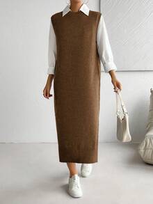 SHEIN LUNE Women's All-Match Versatile Commuter Long Dress - Coffee Brown - View 6
