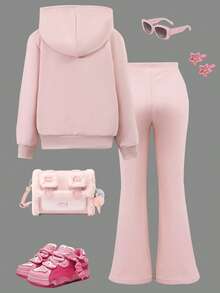 SHEIN Explorewe 女童两件套休闲装，粉色连帽运动衫，印有“LOS ANGELES U.S.A”和“77”图案，搭配带有“77”装饰的喇叭裤，复古风格女童运动服套装，适合日常穿着和学校活动，秋冬季 - 粉色 - 查看 2