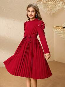 Vestido elegante con cuello de volantes, mangas abullonadas, cintura con cuentas y pliegues para niña preadolescente, para Halloween y Navidad, con cinturón - Rojo - Ver 7