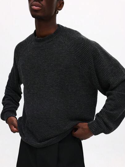  SUMWON Charcoal Grey Ribbed Knit Crew Neck Long Sleeve Pullover Sweater Winter Casual Men's Wear, Knit Wear Men, Men Dark Ribbed Sweater, Jumpers Men Plain