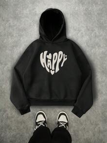 Manfinity ZONE917 Men Loose Fit 3D Heart "HAPPY" Graphic Black Cropped Relaxed Fit Hoodie, Fall/Winter - Black - View 1