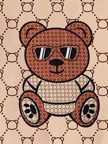 SHEIN 2 件套幼儿男童时尚可爱几何花卉图案太阳镜熊图案印花休闲圆领运动衫和运动裤套装，秋季服装 - 彩色 - 查看 5