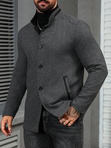 Manfinity Homme 男士休闲立领灰色羊毛大衣，秋冬 - 灰色 - 查看 3