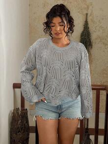 Travachic Plus Size Women Fashion Hollow Out Round Neck Loose Casual Sweater/Winter - Light Grey - View 7