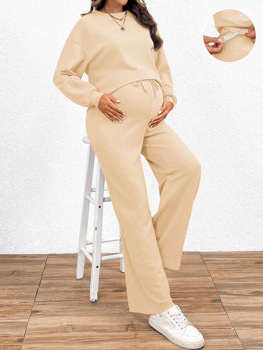 SHEIN 2pcs Maternity Set: Solid Color Round Neck Drop Shoulder Long Sleeve Top And Adjustable Waist Pants,Casual 2 Pieces Lounge Sets,Peach Autumn Everyday - Apricot - View 1