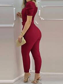 INAWLY Combinaison sans manches à col V sexy et moulante pour femmes, sans ceinture - Rouge foncé - Voir 3