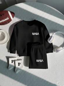 SHEIN 2件套男/女婴休闲运动灰色字母印花长袖卫衣裤套装，秋冬男婴套装，男婴运动裤套装，圣诞节 - 黑色 - 查看 6