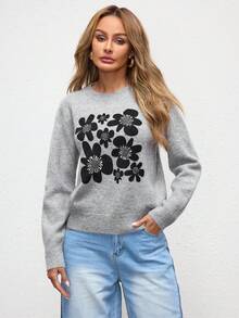 Shutterstock Glamance Women's Gray Knitted Long Sleeve Crew Neck Floral Graphic Casual Solid Color Blouse, Suitable For Outdoor, Office, Business, Commute, Travel, Airport, Street, Formal Occasions In Autumn/Winter Jumper For Woman Sweater For Women Pullover For Women Grey Sweater Floral Print Sweater Chic Stylish Clothing Collection Women Sweater Women Sweaters Cute Sweater - Grey - View 7