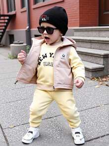 男婴加厚连帽保暖外套、套头卫衣和休闲裤冬季运动套装 - 杏色 - 查看 10