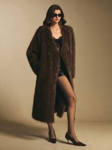 Poéselle Women's Solid Color Long Sleeve Double-Breasted Long Loose Casual Faux Fur Coat, Chocolate Brown Faux Fur Maxi Coat – Elegant Longline Winter Outerwear For Women, Holiday & New Year 2025 Statement, Cosy Winter Ideas, Baddie Street Style, Christmas Party Coat, Luxury For Women, , 70s , 70s Fashion - Brown - View 7