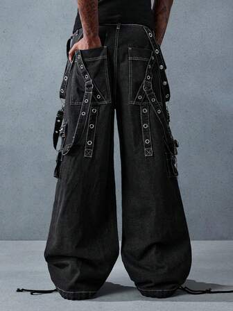 Street Life Jeans larghi casual da uomo con decorazione a catena