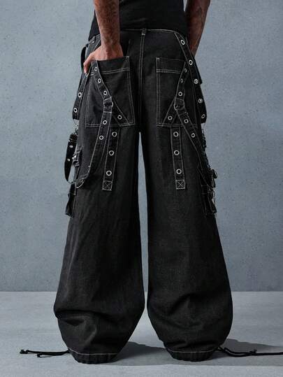 Street Life Casual Loose Fit Chain Decor Men's Wide Leg Jeans