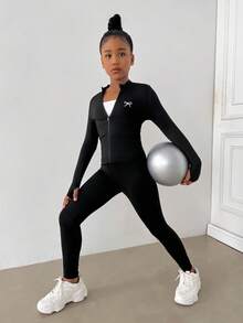 SHEIN Bộ đồ thể thao dệt kim cổ bẻ màu đen cho bé gái tuổi teen kèm quần legging, bộ đồ thể thao, bộ đồ thể thao thường ngày, bộ đồ chạy bộ - màu đen - Xem 1