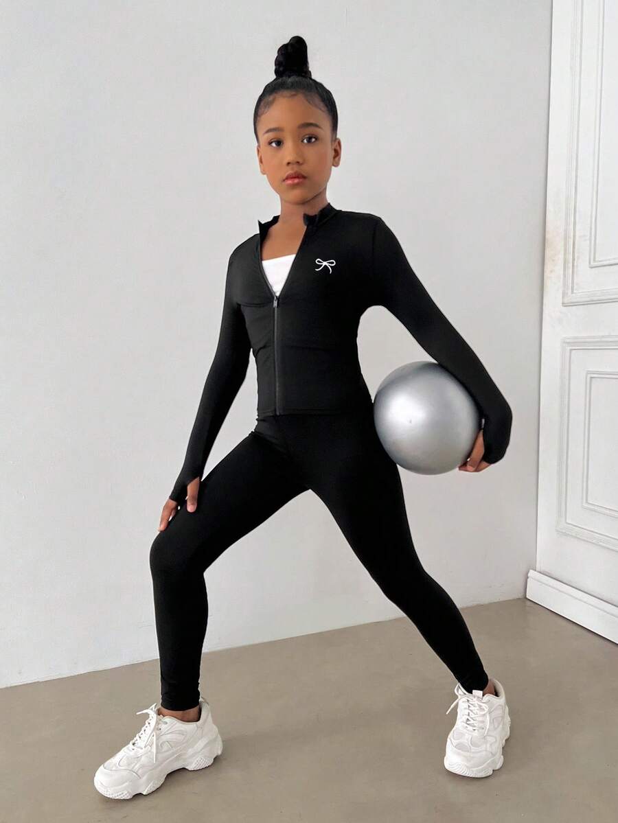 SHEIN Bộ đồ thể thao dệt kim cổ bẻ màu đen cho bé gái tuổi teen kèm quần legging, bộ đồ thể thao, bộ đồ thể thao thường ngày, bộ đồ chạy bộ - màu đen - Xem 1