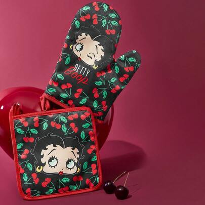 Betty Boop x SHEIN Cherry Red Kitchen Insulation Set, Oven Gloves/Insulation Mats, Kitchen Baking Essentials, Effectively Isolate The Heat Source Single/Combination,Gift Ideas,Party,Holiday,Valentine's Day