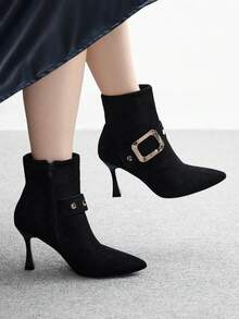 CUCCOO BIZCHIC Women's Black Buckle Design Fashion Mid-Calf High Heel Boots - Black - View 5