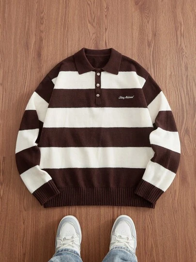 EASEVO Plus Size Men's Stylish Letter Embroidery Striped Polo Collar Long Sleeve Casual Sweater Knitted Pullover Sweater For Men Men Buttoned Knitted Polo Polo Sweater Striped Sweater Men