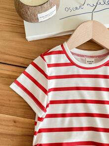 Babygirl Cute Knitted Pink Striped Short Sleeve Top And Elastic Waist Pants Set