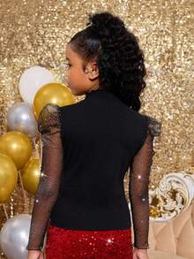 SHEIN 青少年女孩优雅立领亮片网眼拼接修身黑色 T 恤，圣诞节，黑色，亮片，闪光，派对，新年，聚会 - 黑色 - 查看 2