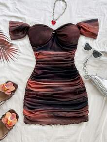 Soleia Đầm bodycon hở vai lưới đan cho nữ, trang phục đi nghỉ - màu nâu - Xem 3