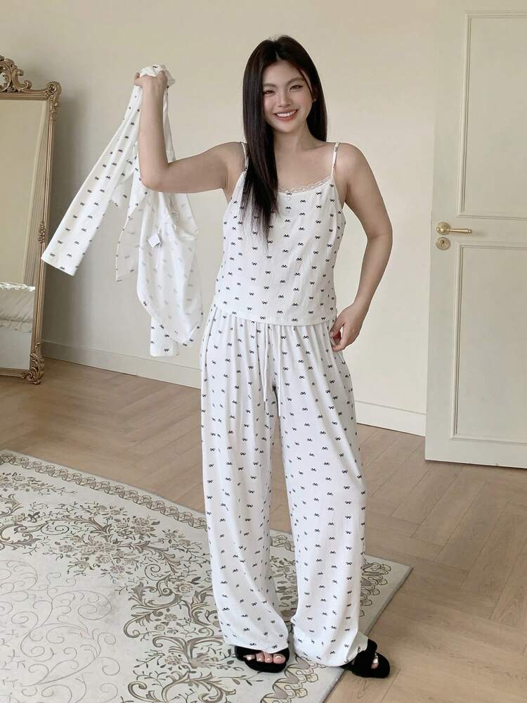 Dazy Plus 3pcs Fashionable Bow Print Casual Sleepwear Set For Plus Size, Autumn/Spring Fall Winter Clothes