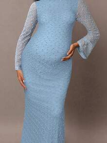 MaterniChic 优雅派对喇叭袖修身孕妇装 - 藍色 - 查看 7